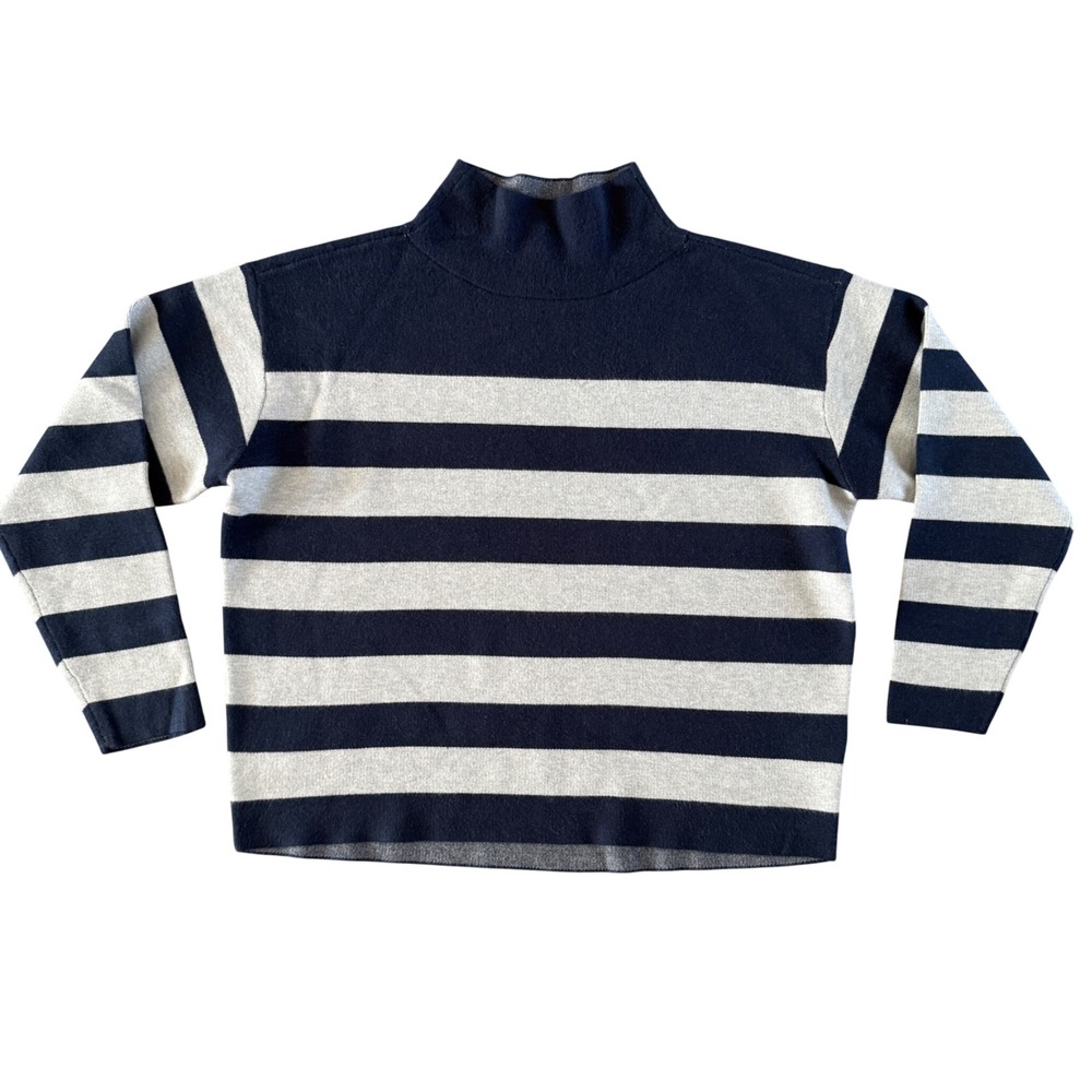 Maeve Anthropologie Striped Mock Neck Sweater Navy Blue Gray XS